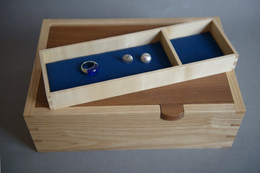 Wooden Jewellery Box with inner tray lined with blue baize